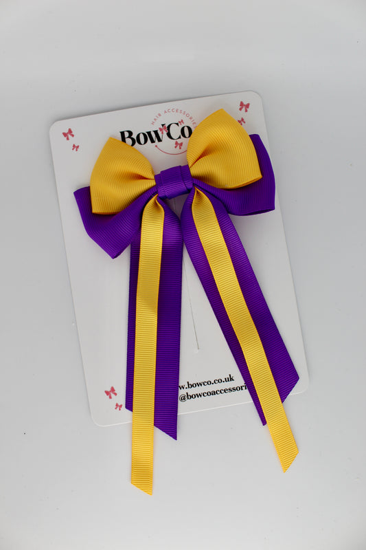 Streamer Tail Bow - Clip - Purple and Yellow Gold