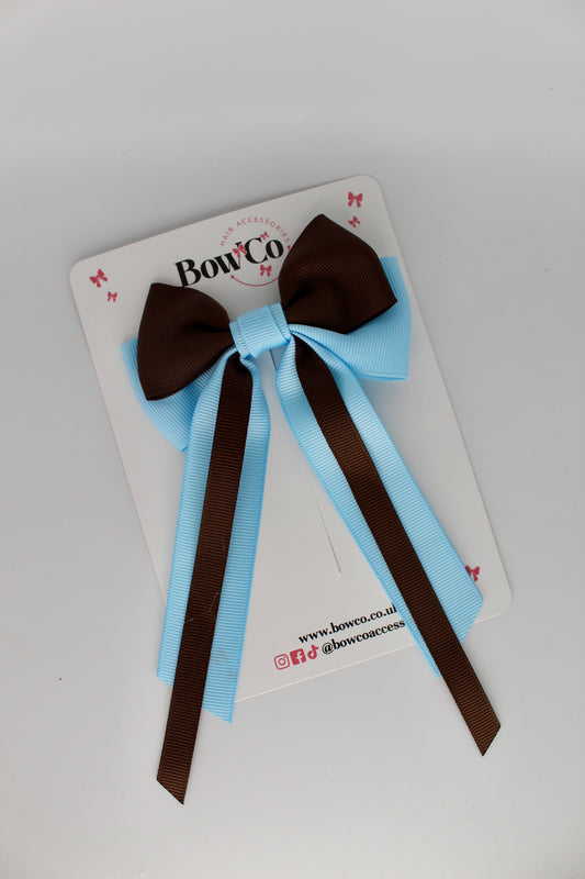 Streamer Tail Bow - Clip - Blue Topaz and Brown