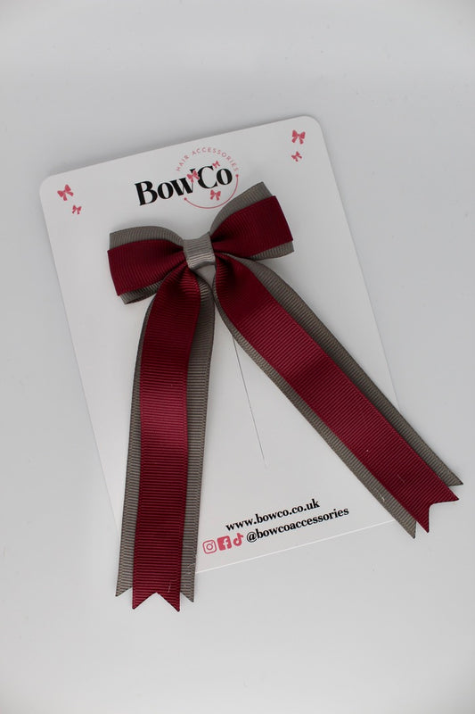 Tuxedo Tails School Hair Bow – Clip - Burgundy and Metal Grey