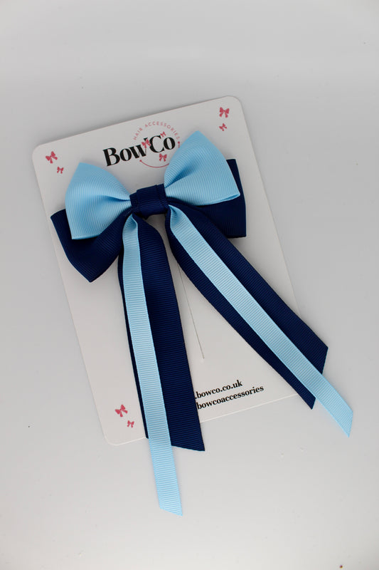 Streamer Tail Bow - Clip - Navy Blue and Blue Topaz