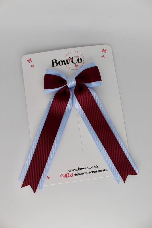 Tuxedo Tails School Hair Bow – Clip - Burgundy and Bluebell