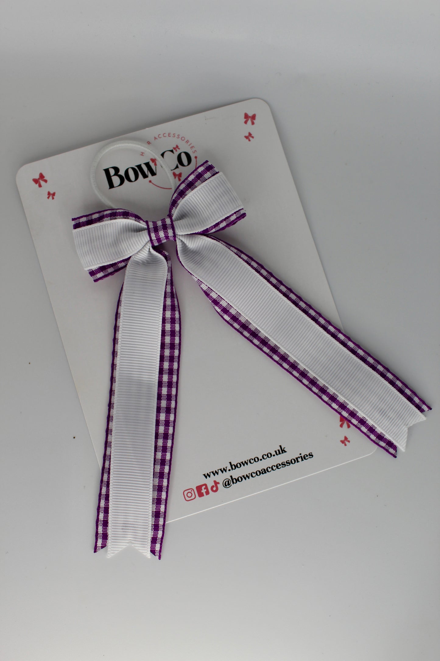 Tuxedo Tail Bow - School Bow Purple and White Gingham - Elastic