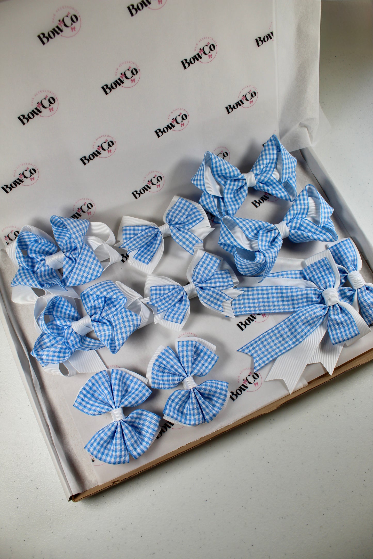 Light Blue Gingham School Bow Bundle M/L - Clip - 10 Bows