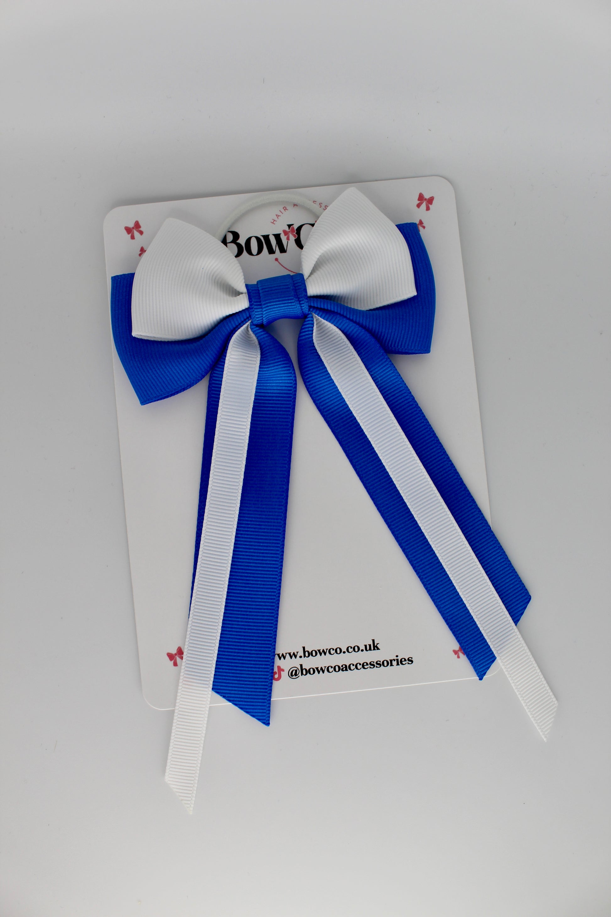 Streamer Tail School Hair Bow – Elastic - Royal Blue and White