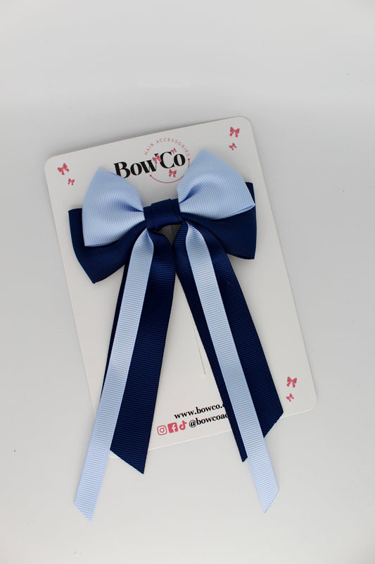 Streamer Tail Bow - Clip - Navy Blue and Bluebell