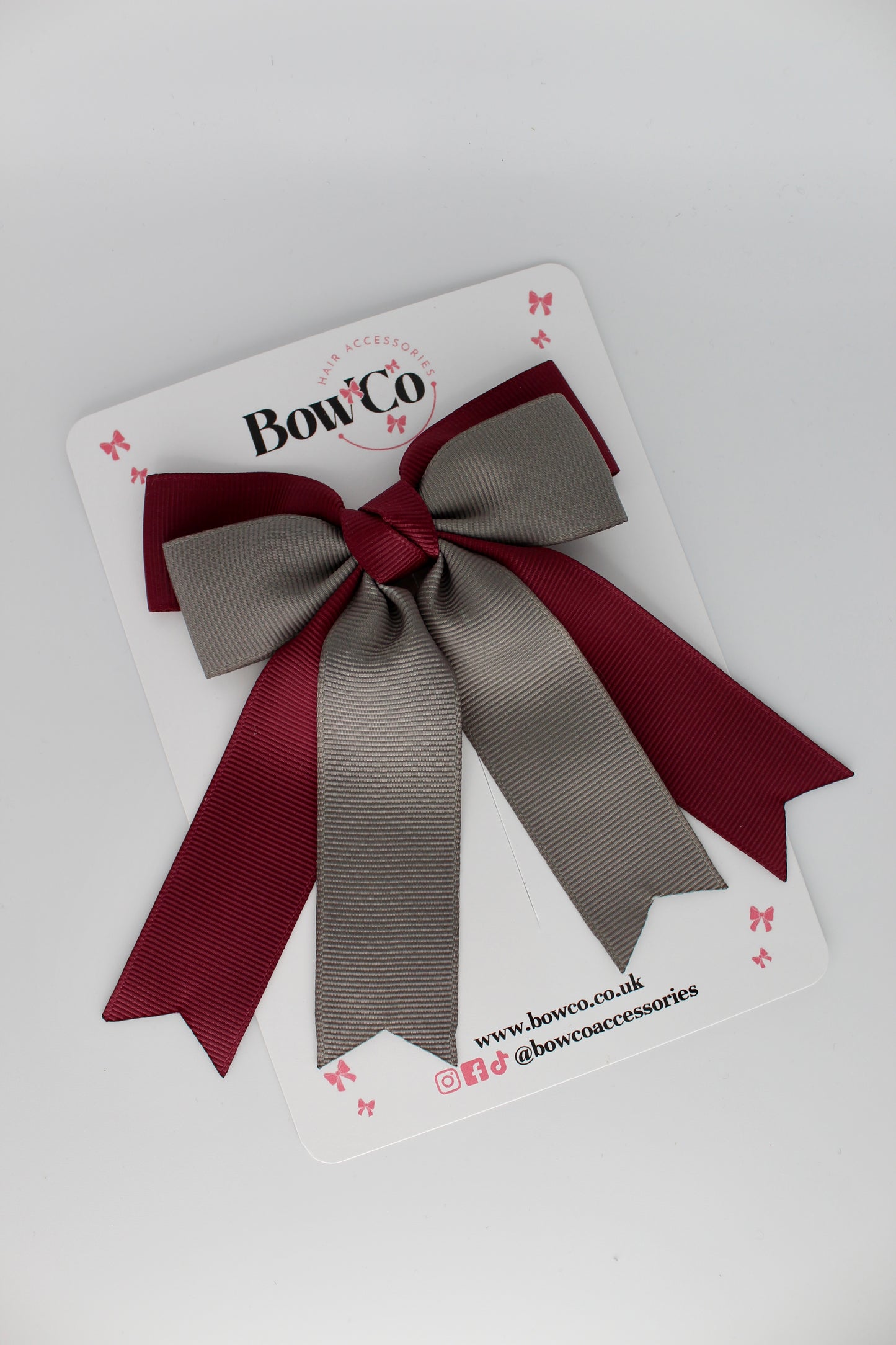 Double Ribbon Tail School Hair Bow – Clip - Burgundy and Metal Grey