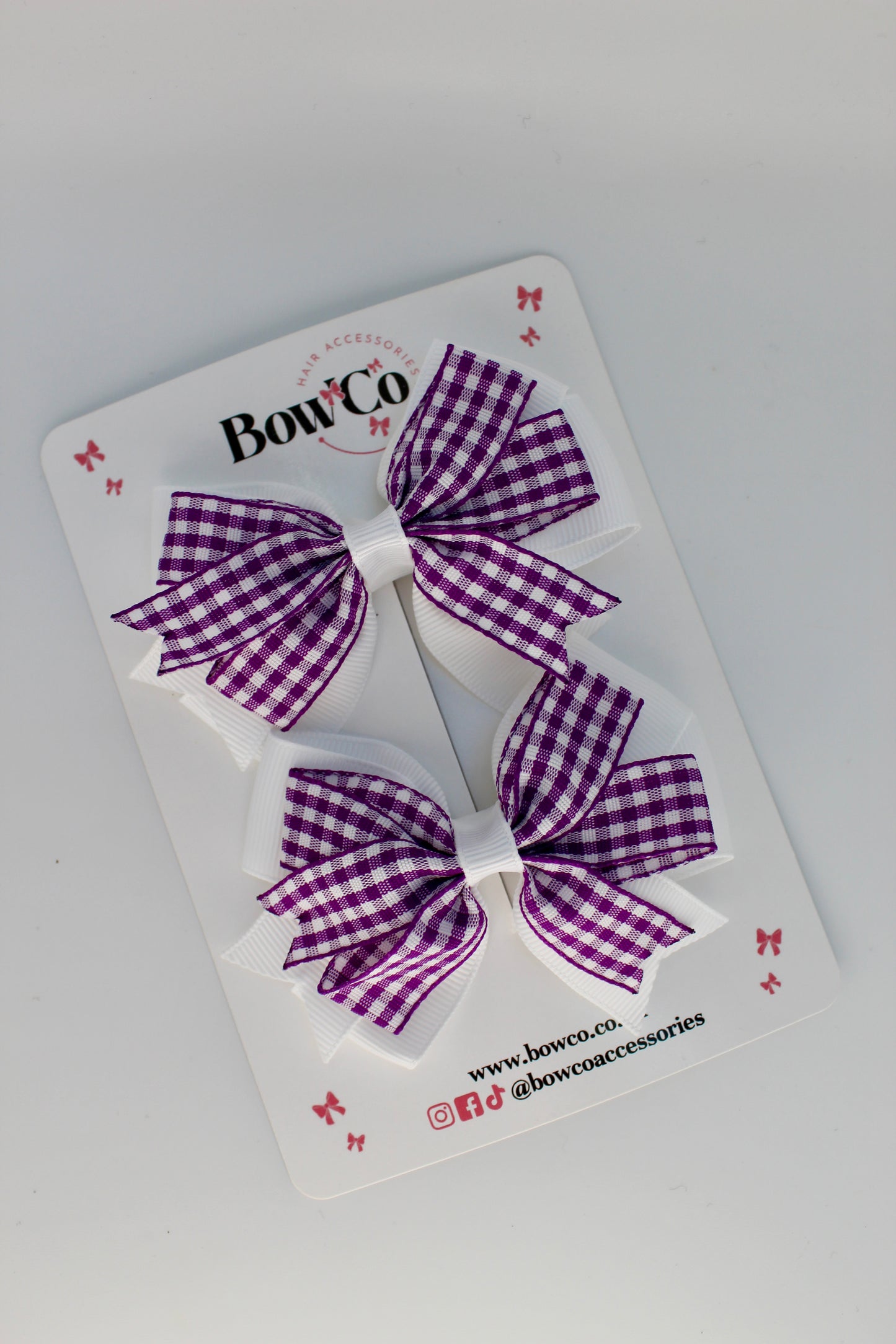 School Purple and White Bow Gingham Double Tail Bow Set - Clip