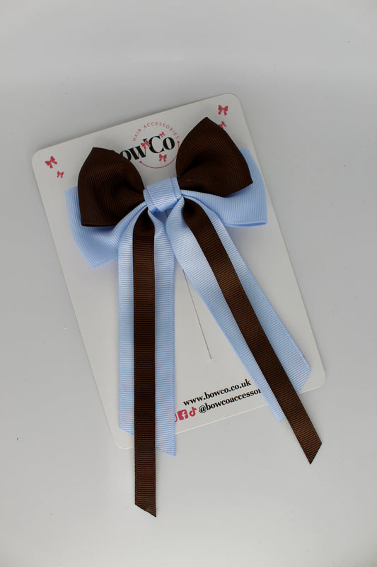 Streamer Tail Bow - Clip - Bluebell and Brown