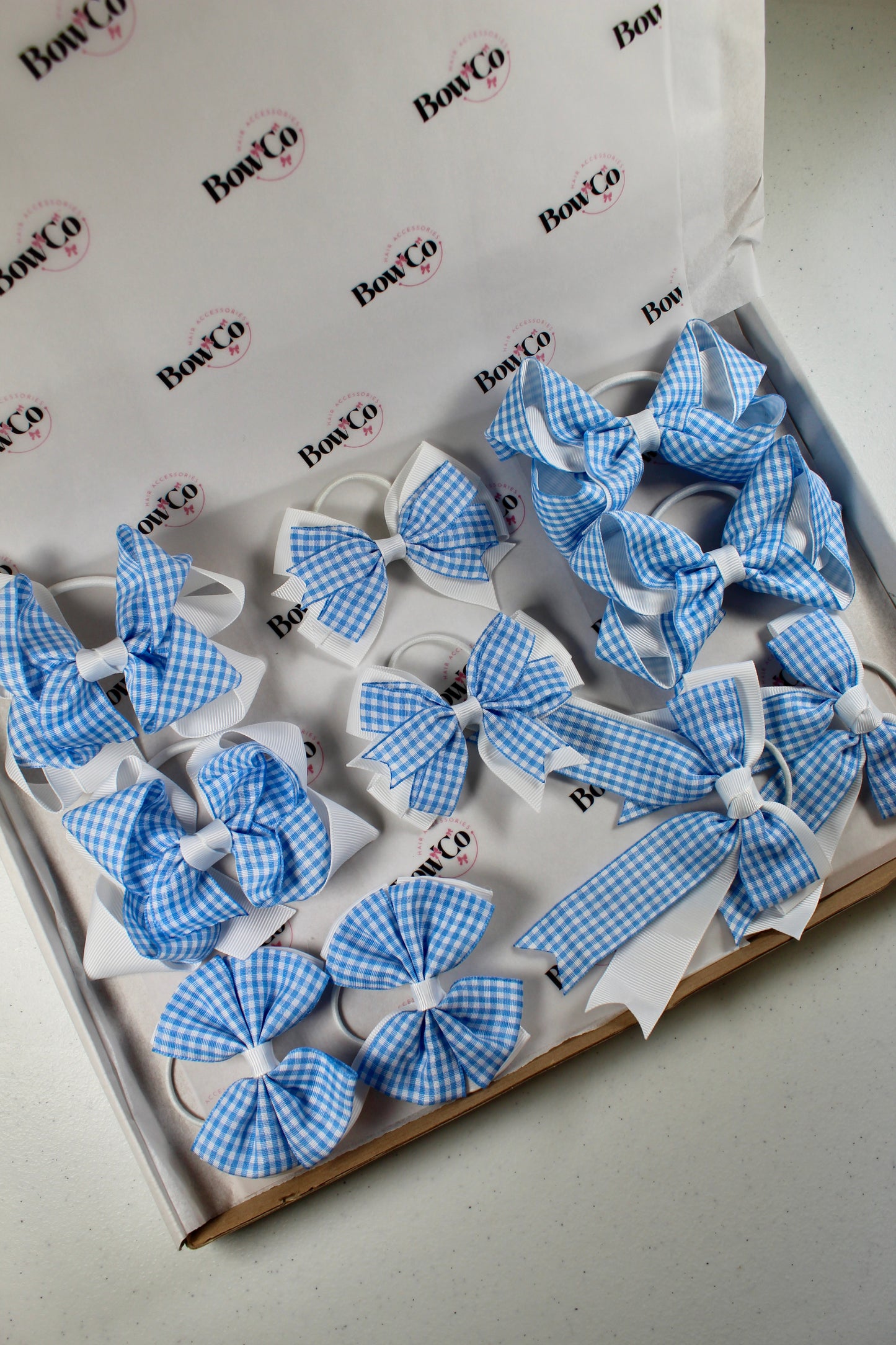 Light Blue Gingham School Bow Bundle M/L - Elastic - 10 Bows