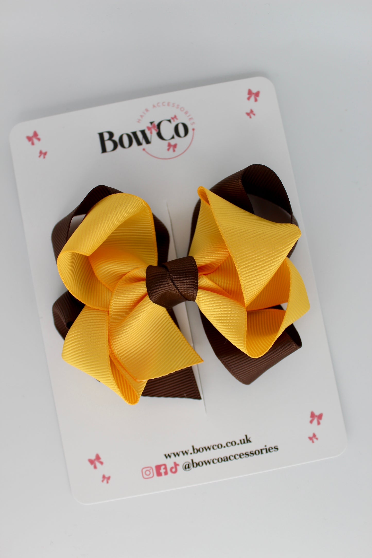 Double Loop School Hair Bow - Clip - Brown and Yellow Gold