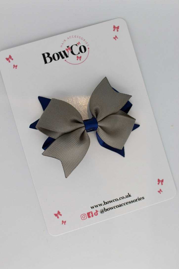 Navy Blue and Metal Grey - Layer Tail Bow - Clip
