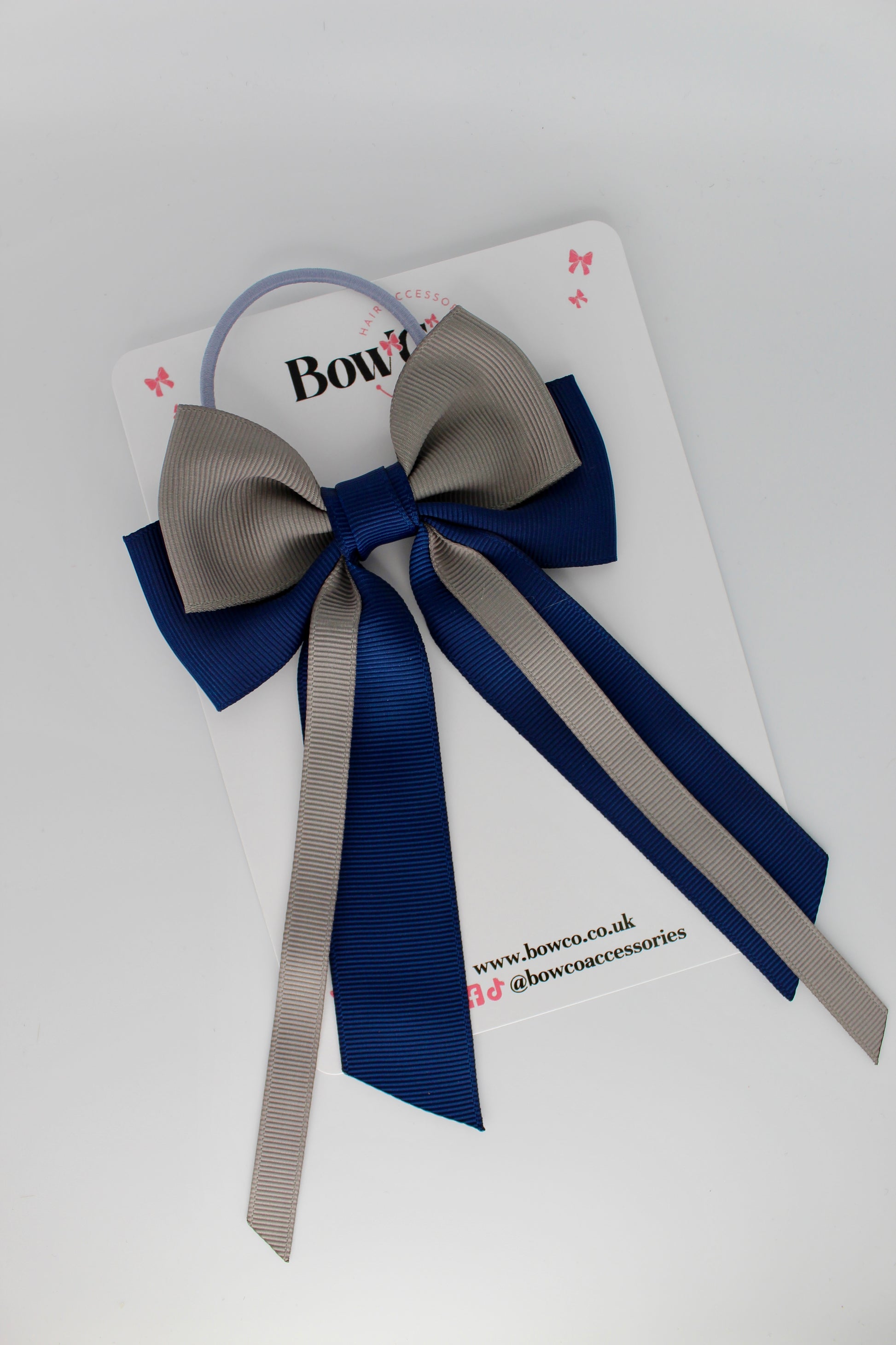 Streamer Tail School Hair Bow – Elastic - Navy and Metal Grey
