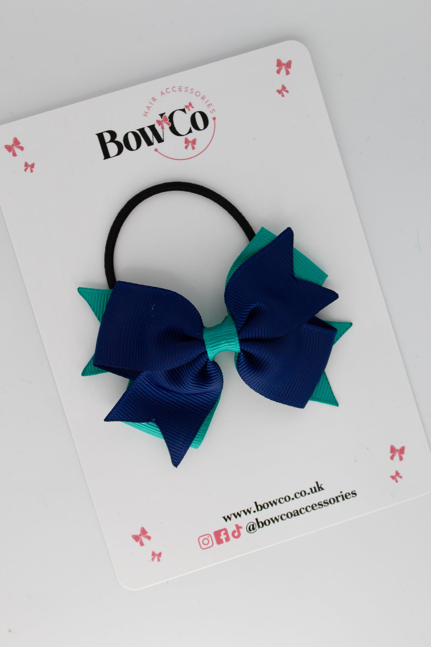 Jade Green and Navy Blue - Layer Tail Bow - Elastic
