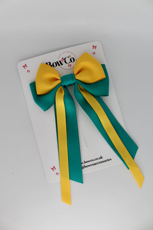 Streamer Tail Bow - Clip - Jade Green and Yellow Gold