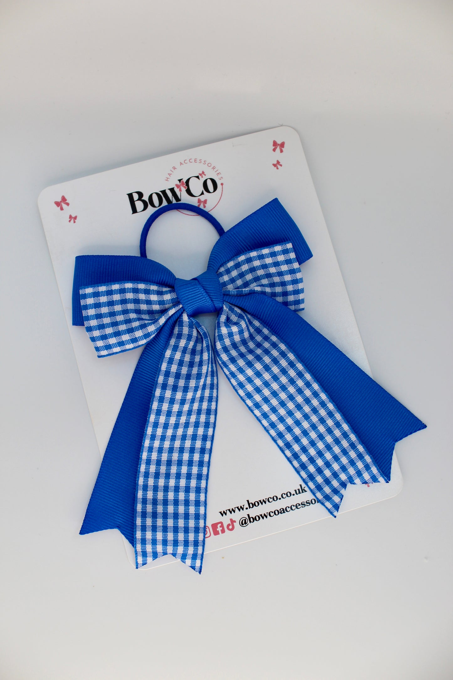 Double Ribbon Tail Bow - School Bow Royal Blue Gingham - Elastic