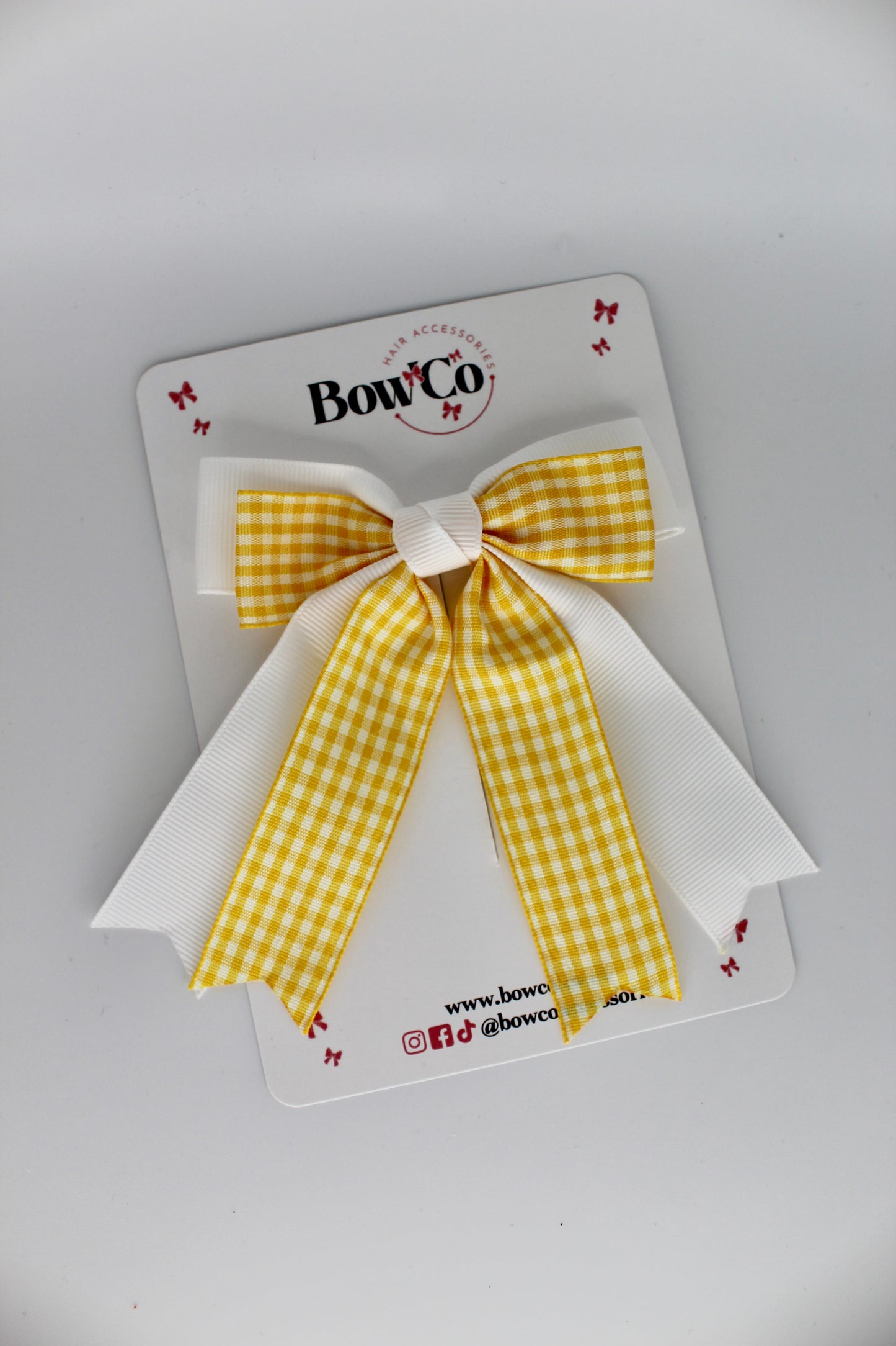 Double Ribbon Tail Bow - Yellow Gingham - Clip