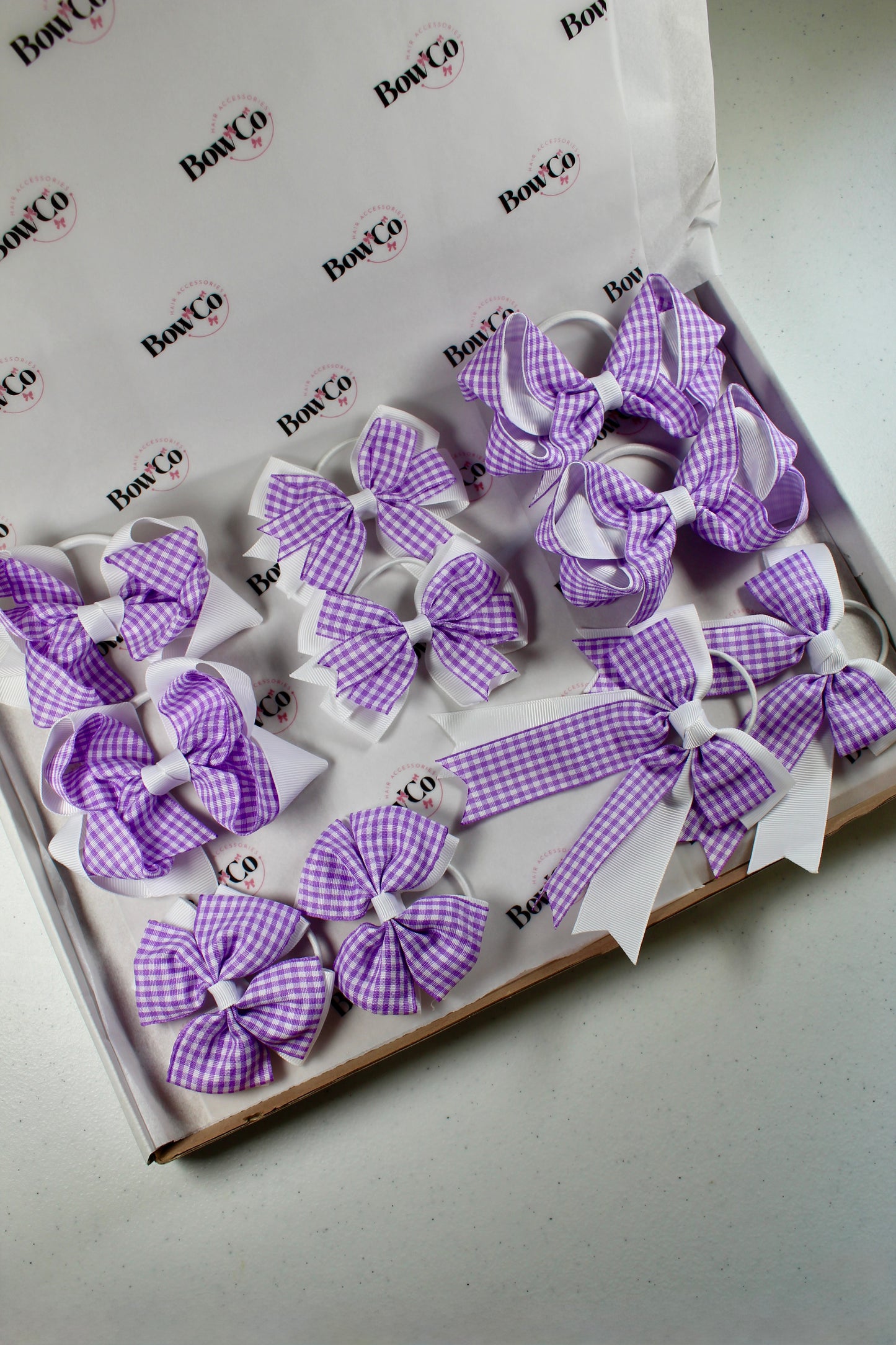 Lilac Gingham School Bow Bundle M/L - Elastic - 10 Bows
