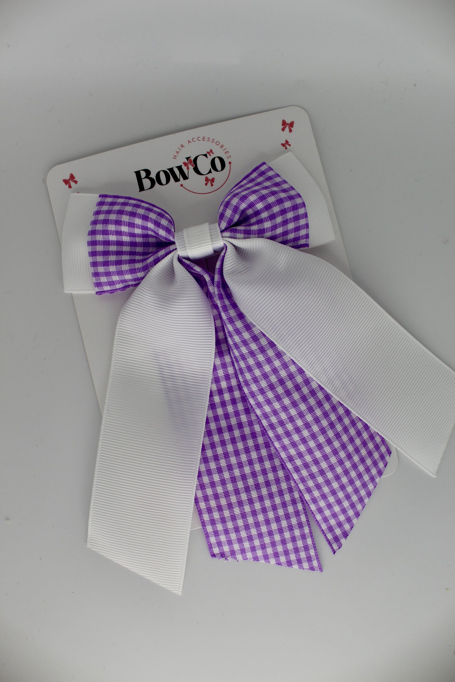 Double Layer Tail Bow - Lilac Gingham - Clip