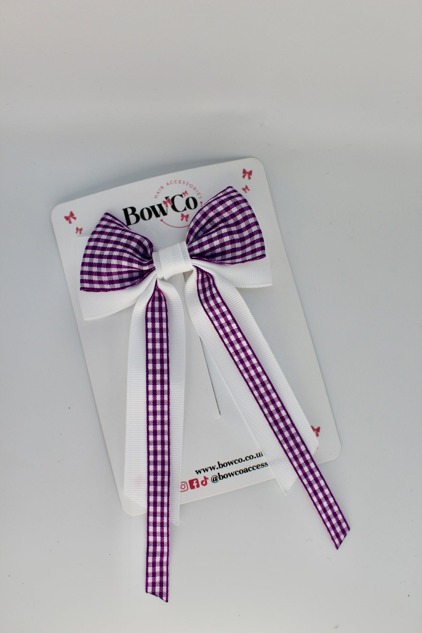 School Purple and White Gingham Streamer Tail Bow - Clip