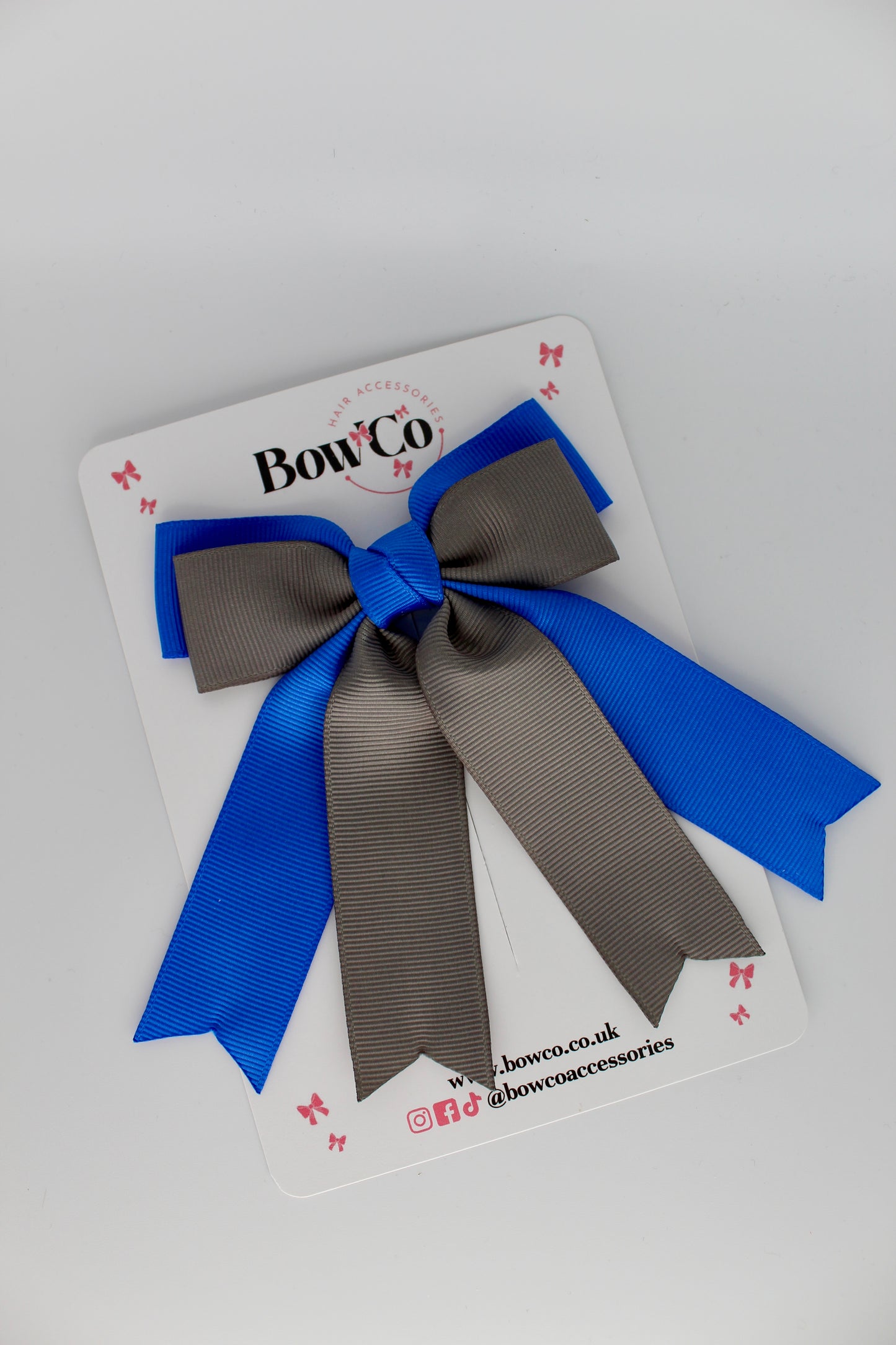 Double Ribbon Tail School Hair Bow – Clip - Royal Blue and Metal Grey