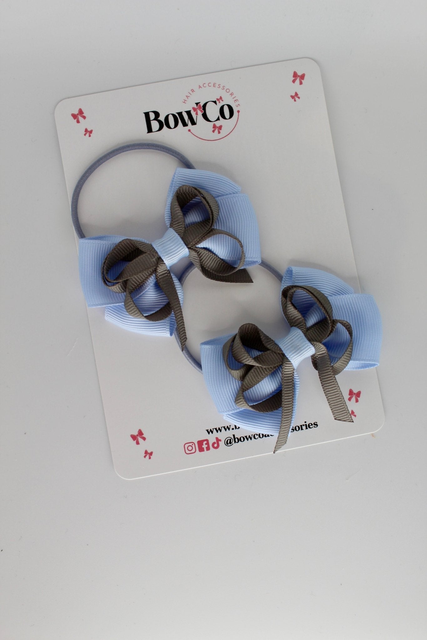 School Bows Bluebell and Metal Grey - Double Bow Set - Elastic