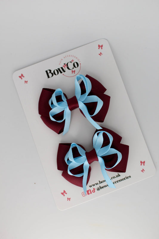 2.5 Inch Double Bow Clips - 2 Pack - Burgundy and Blue Topaz