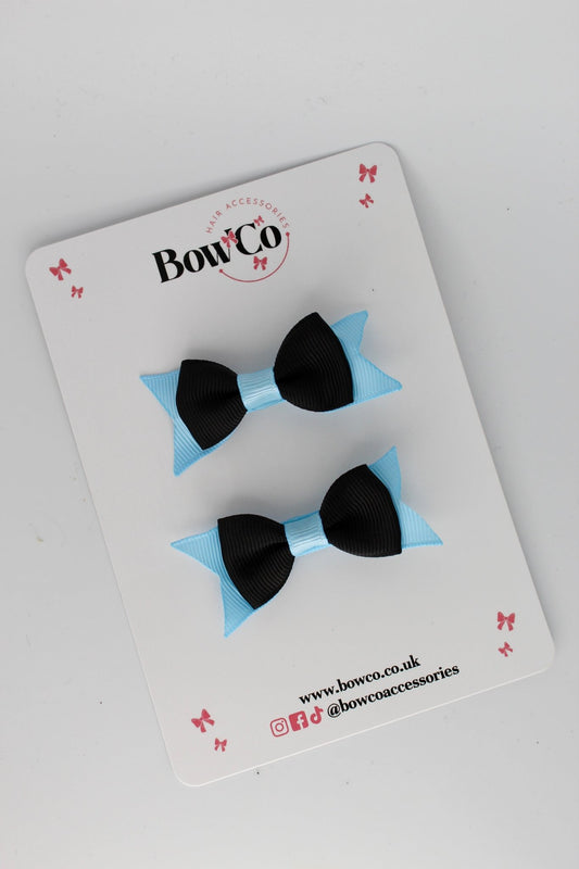 2.5 Inch Layer Tail Bow - Clip - 2 Pack - Black and Blue Topaz