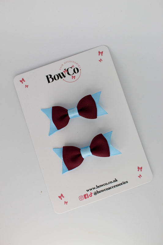 2.5 Inch Layer Tail Bow - Clip - 2 Pack - Burgundy and Blue Topaz