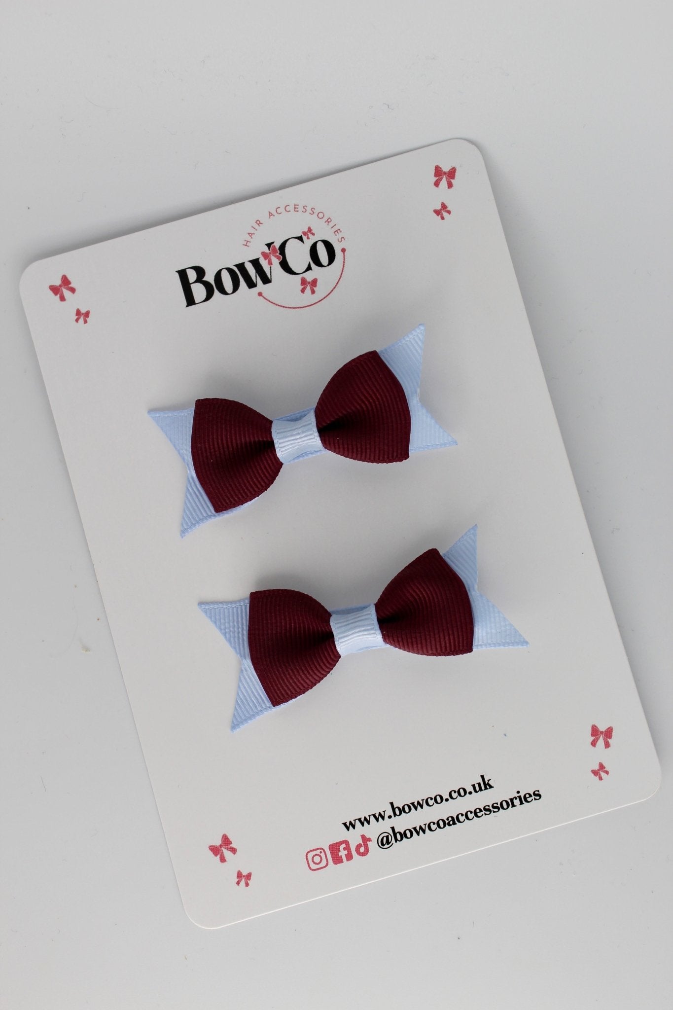 2.5 Inch Layer Tail Bow - Clip - 2 Pack - Burgundy and Bluebell