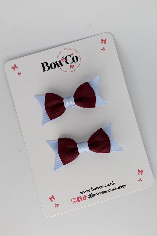 2.5 Inch Layer Tail Bow - Clip - 2 Pack - Burgundy and Bluebell