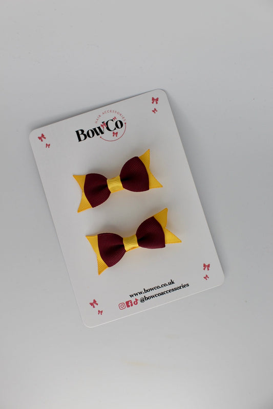 2.5 Inch Layer Tail Bow - Clip - 2 Pack - Burgundy and Yellow Gold