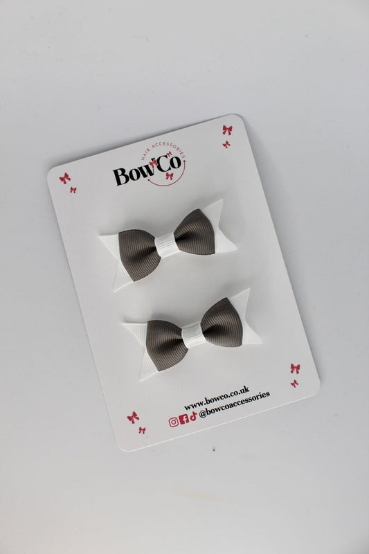 2.5 Inch Layer Tail Bow - Clip - 2 Pack - Metal Grey and White