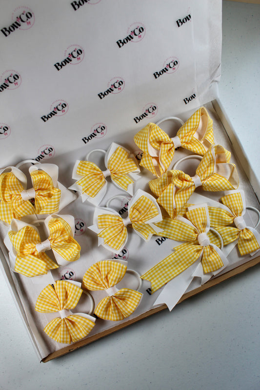 Yellow Gingham School Bow Bundle M/L - Elastic - 10 Bows