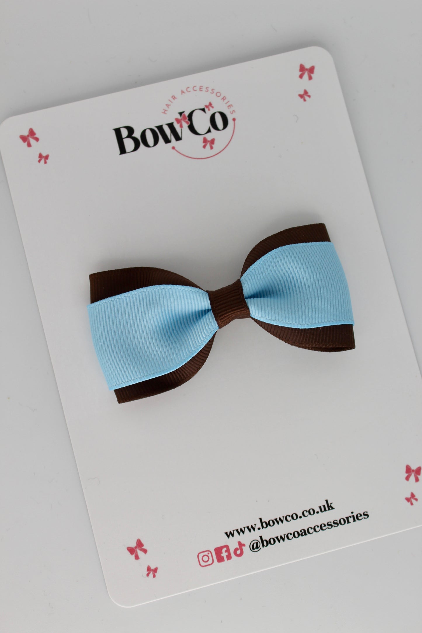 3 Inch Tuxedo Bow - Clip - Blue Topaz and Brown