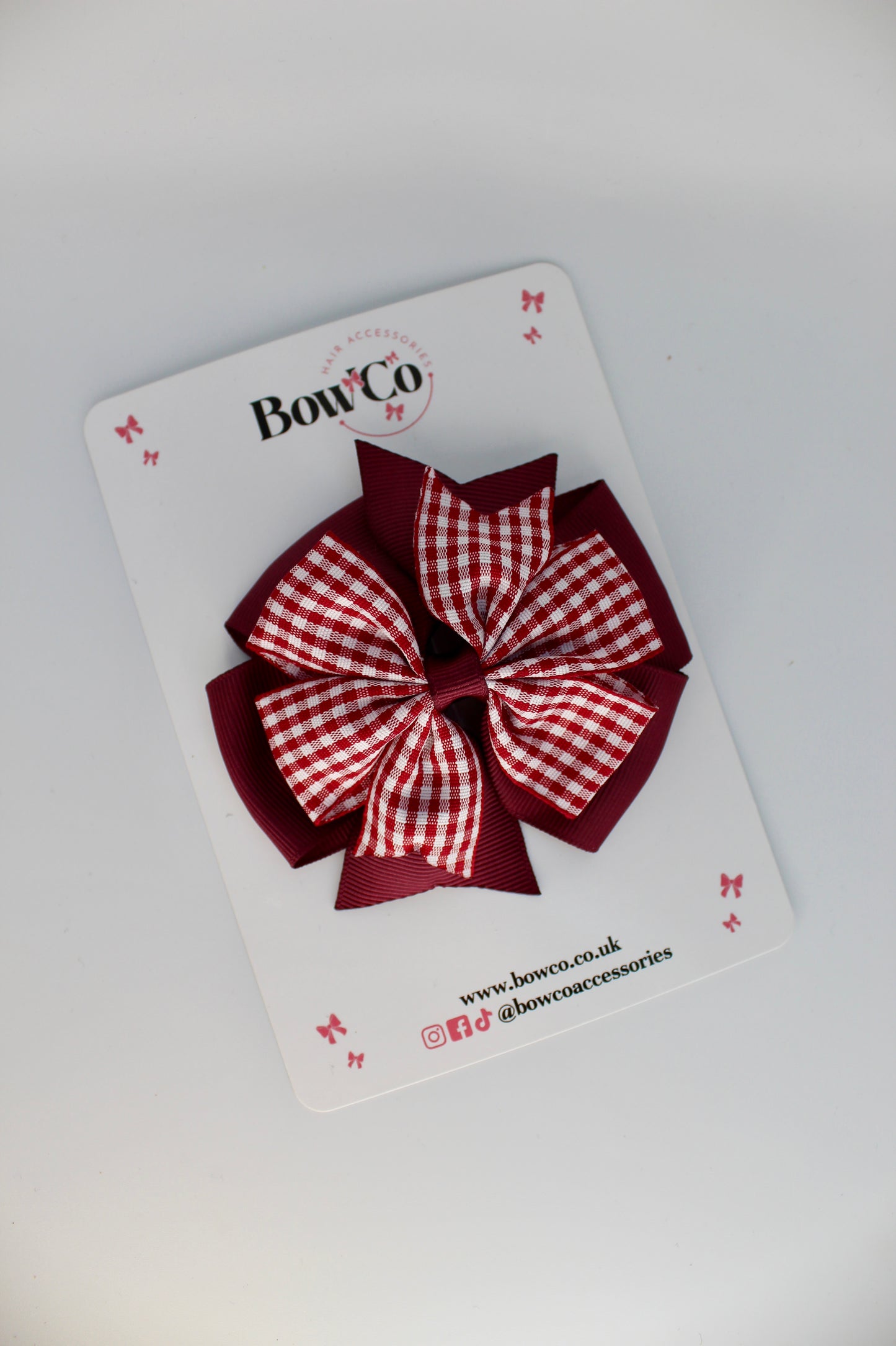 School Burgundy Gingham Pinwheel Bow Clip