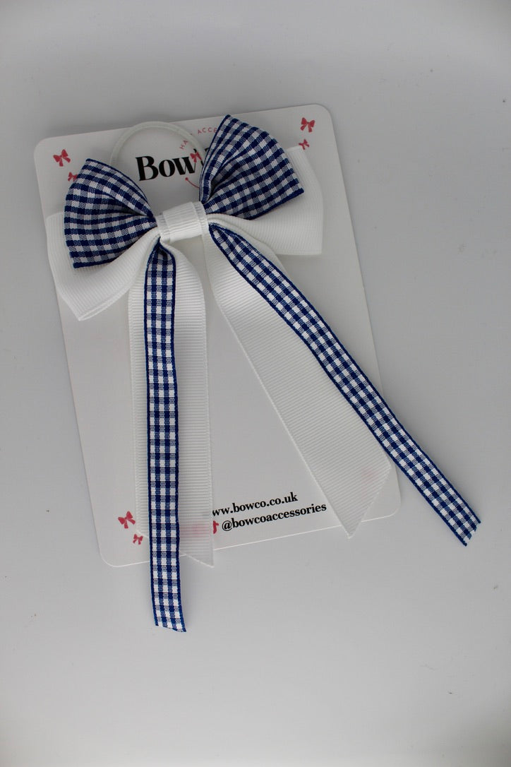 Streamer Tail Bow - Navy Blue Gingham - Elastic