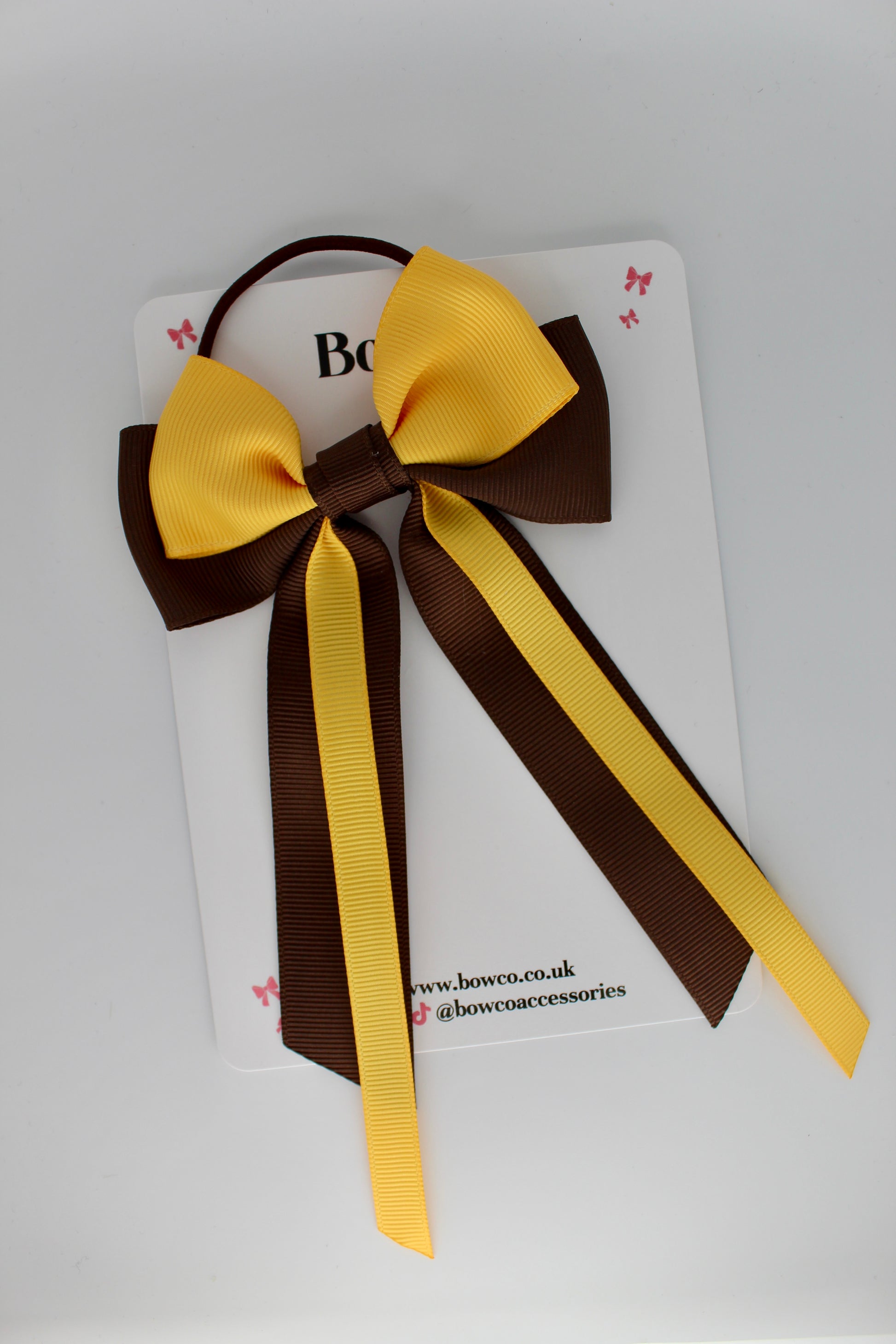 Streamer Tail School Hair Bow – Elastic - Brown and Yellow Gold