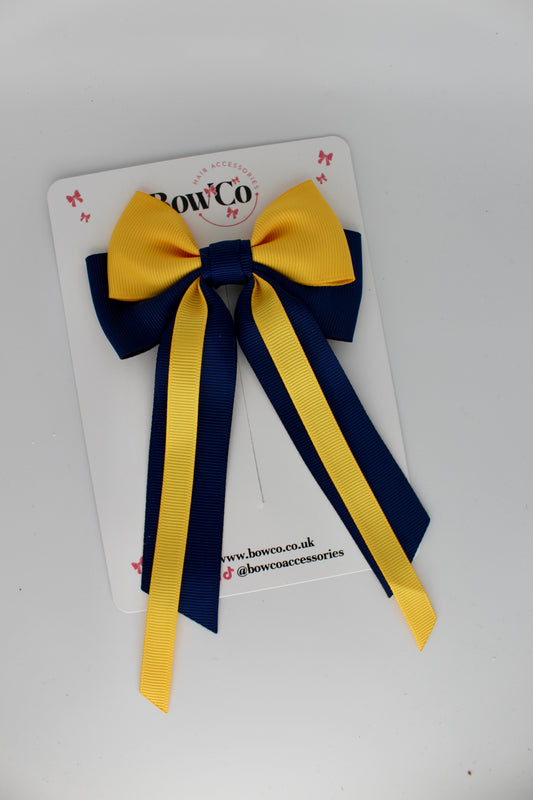 Streamer Tail Bow - Clip - Navy Blue and Yellow Gold