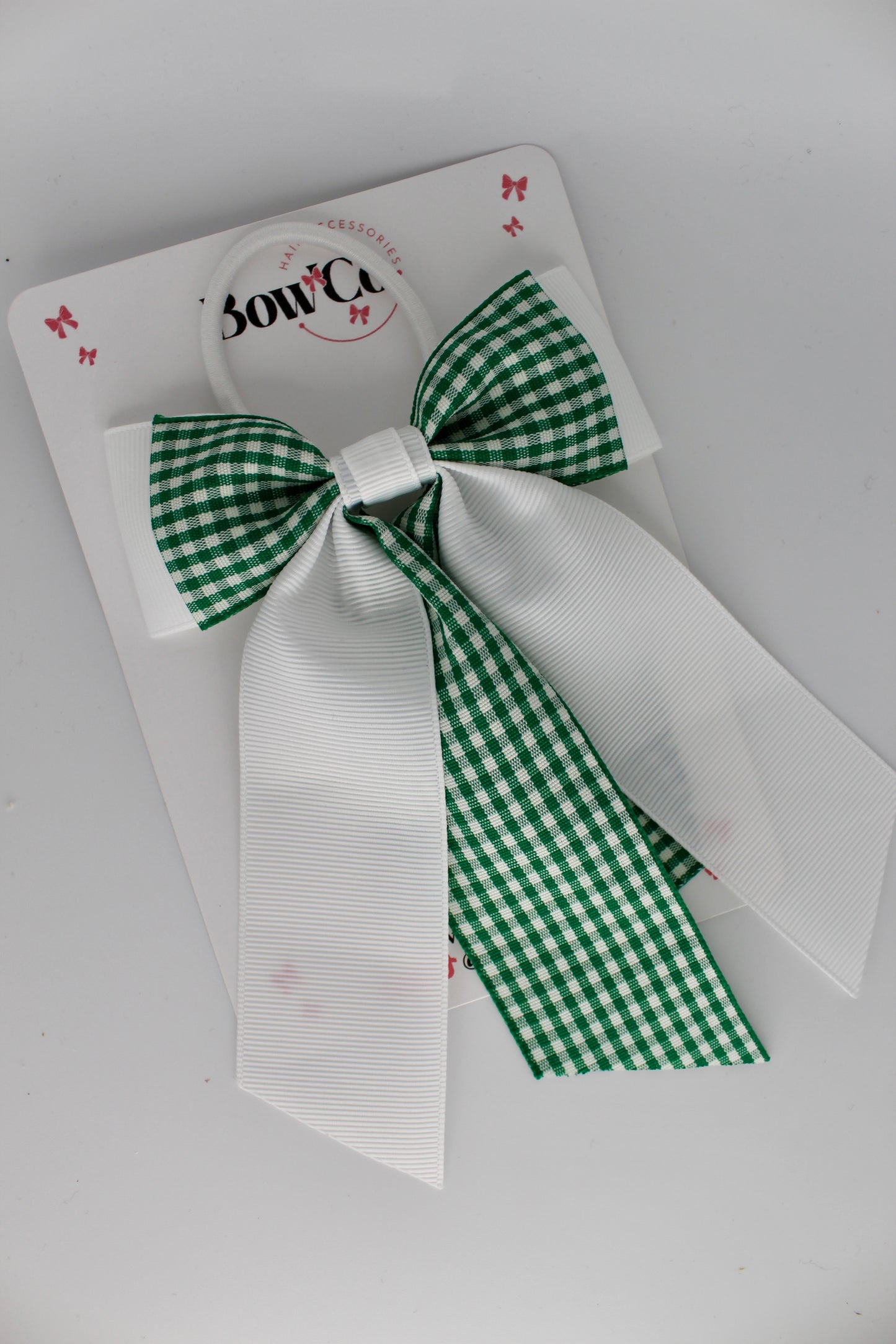 Double Layer Tail Bow - Green Gingham - Elastic