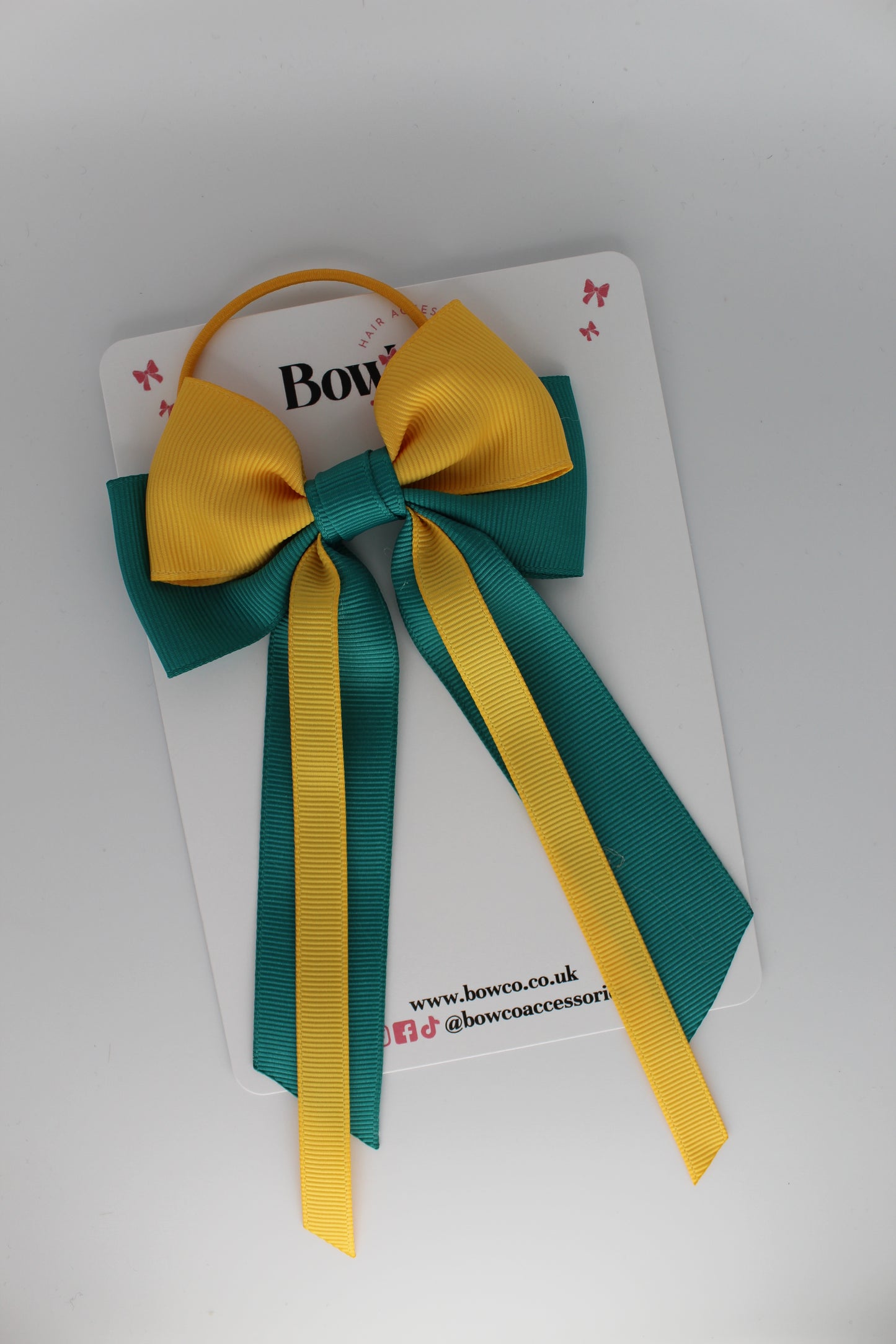 Streamer Tail School Hair Bow – Elastic - Jade Green and Yellow Gold