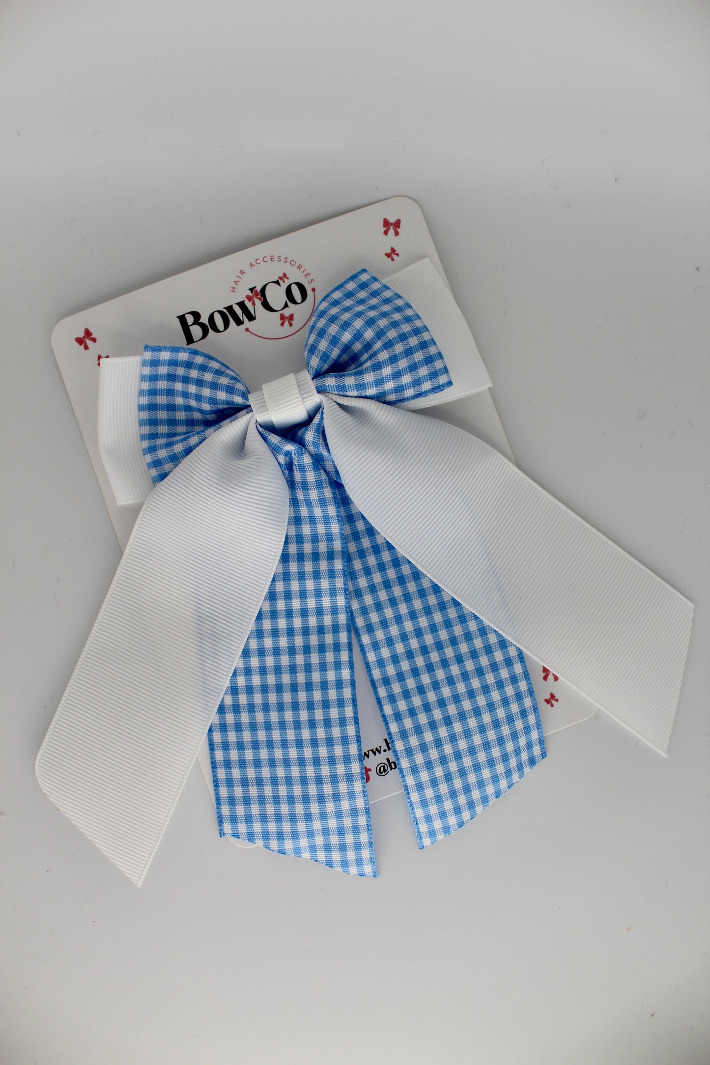 Double Layer Tail Bow - Light Blue Gingham - Clip