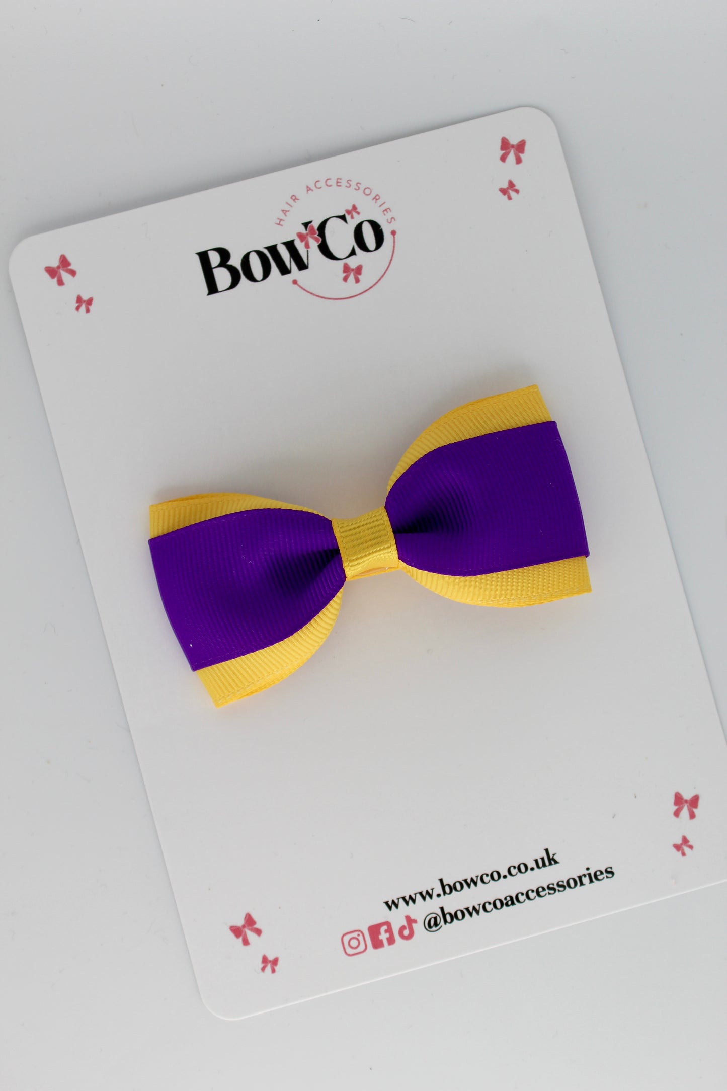 3 Inch Tuxedo Bow - Clip - Purple and Yellow Gold