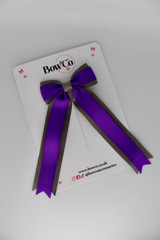 Tuxedo Tails School Hair Bow – Clip - Purple and Metal Grey