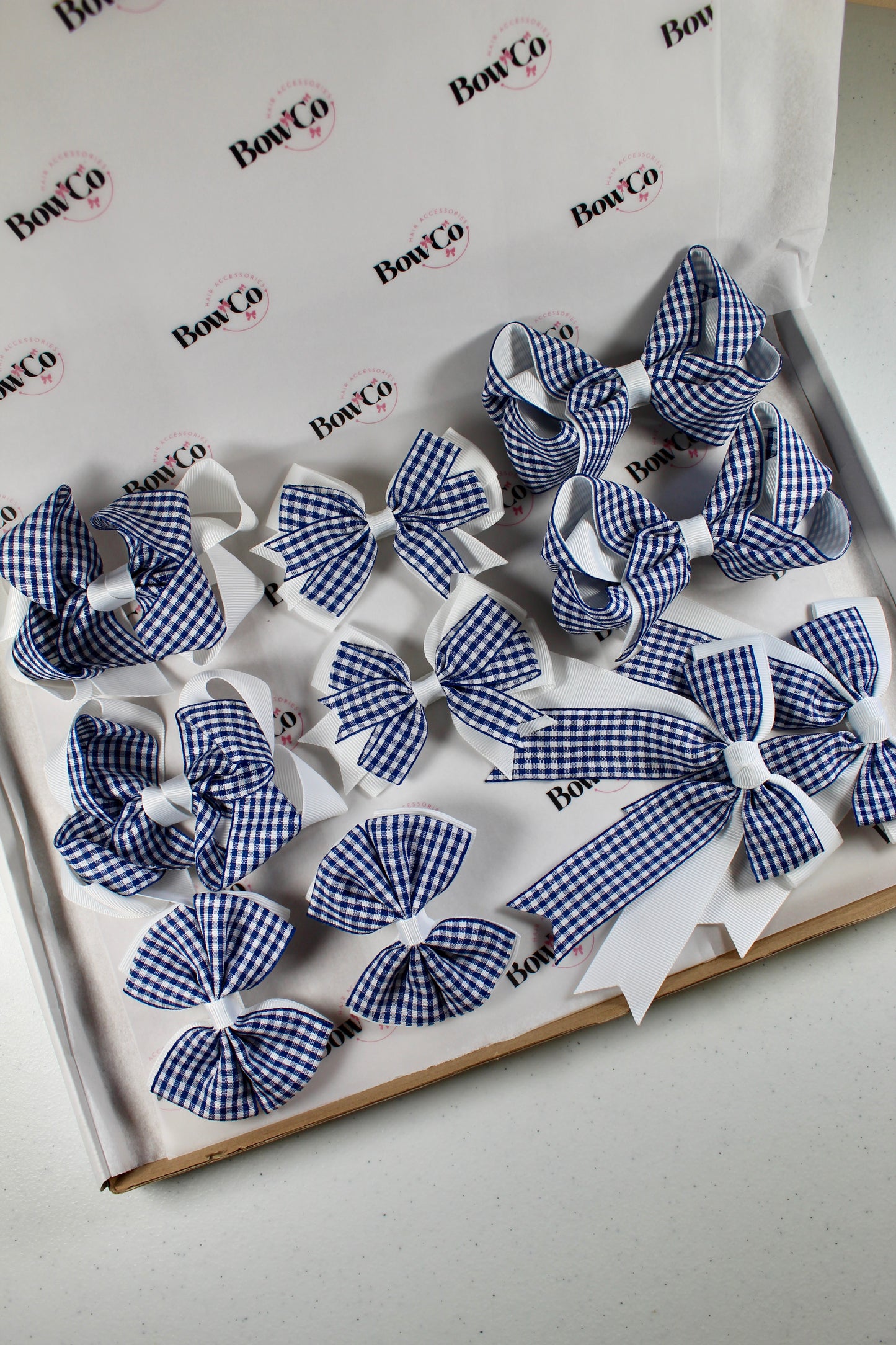 Navy Blue Gingham School Bow Bundle M/L - Clip - 10 Bows