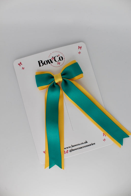 Tuxedo Tails School Hair Bow – Clip - Jade Green and Yellow Gold