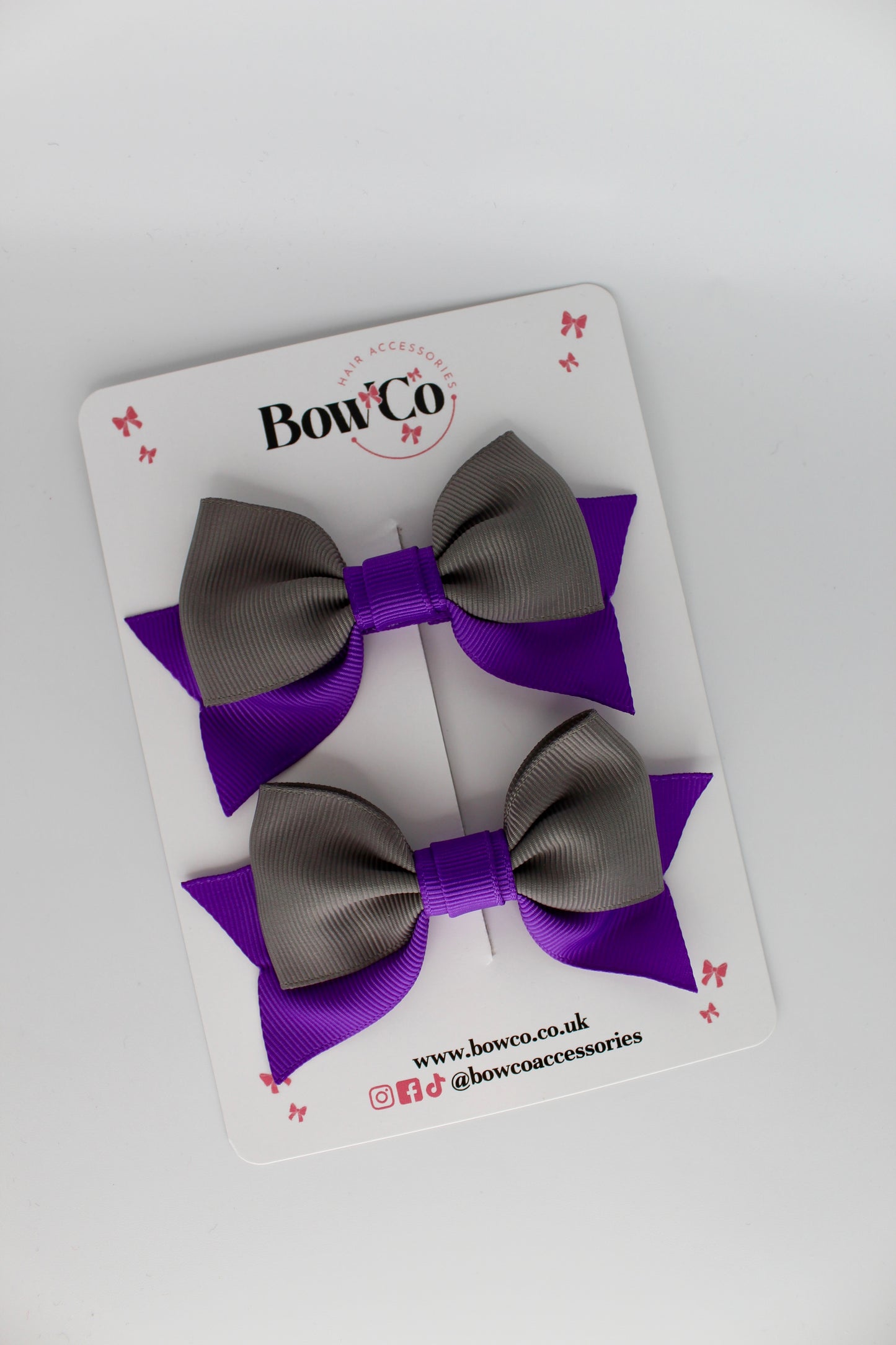 Double Knot Bow Tail Set - Clip - Purple and Metal Grey