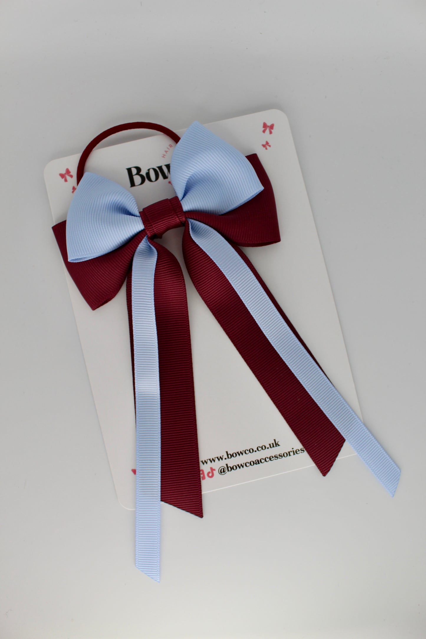 Streamer Tail School Hair Bow – Elastic - Burgundy and Bluebell