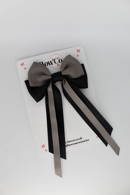 Streamer Tail Bow - Clip - Black and Metal Grey