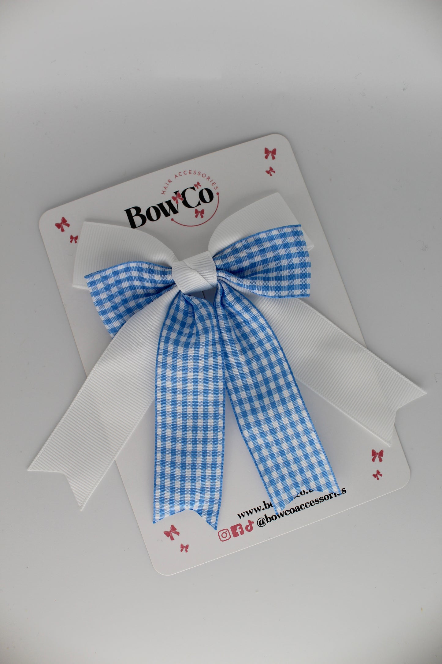 Double Ribbon Tail Bow - Light Blue Gingham - Clip