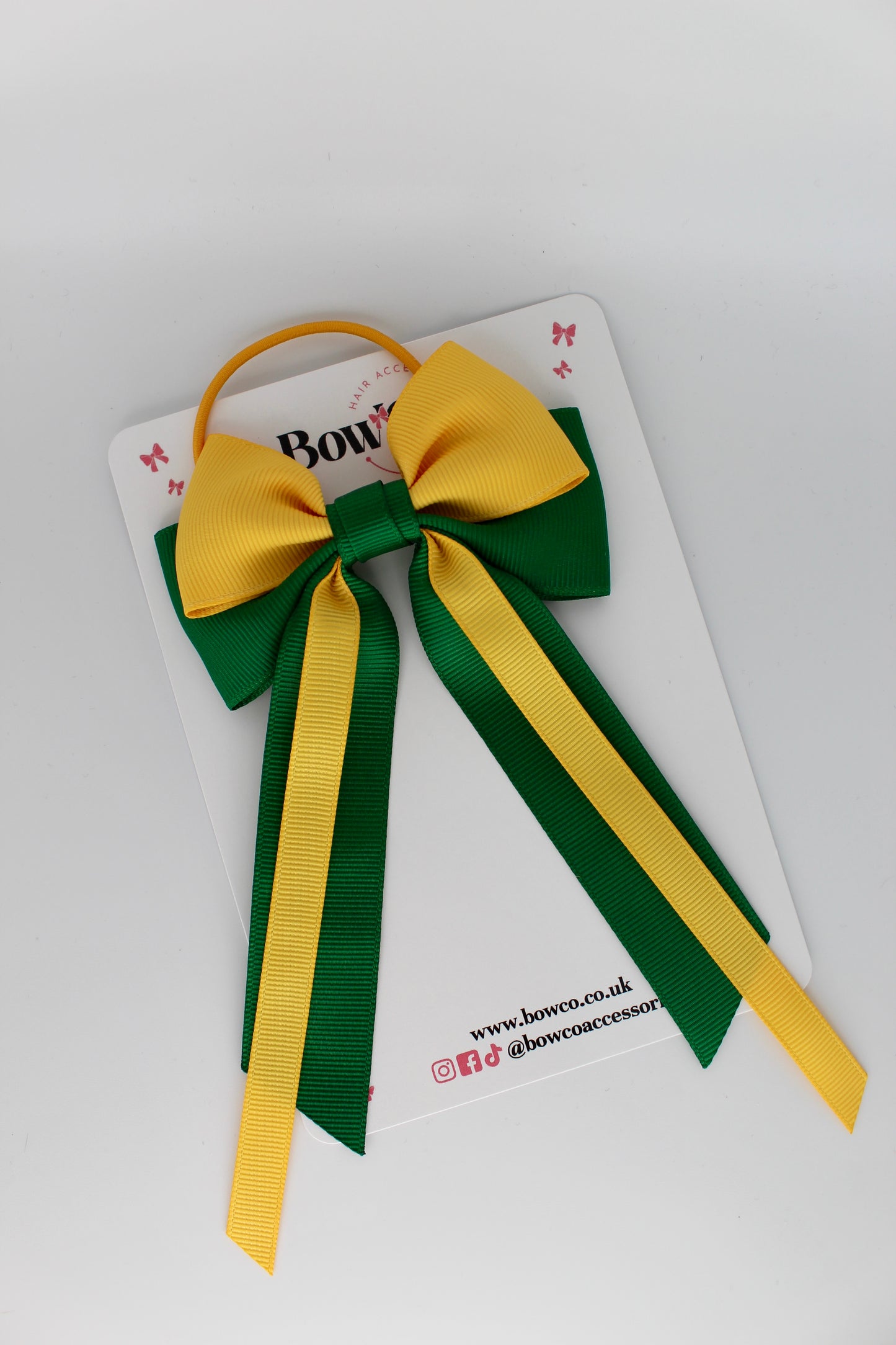 Streamer Tail School Hair Bow – Elastic - Forest Green and Yellow Gold